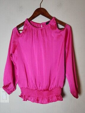 1. State Pink Satin Cold Shoulder Long Sleeve Blouse Top Stretch Hem Size Small